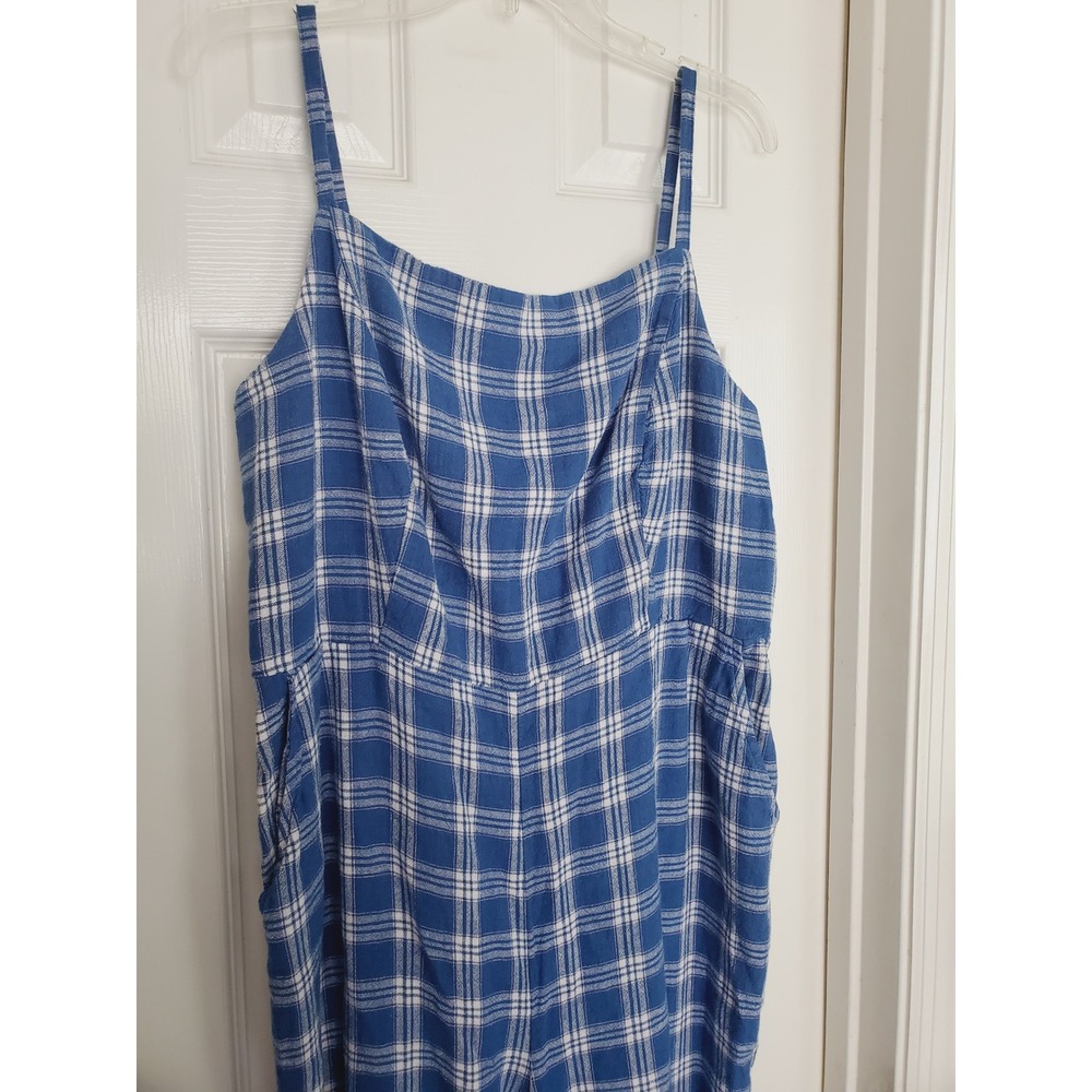 Linen Blend Jumpsuit Blue Plaid Smocked Bodice Sleeveless Wide Leg Crop XL - Picture 3 of 9